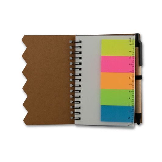 A brown notebook with spiral binding, featuring bright sticky note sections in neon pink, yellow, and green.