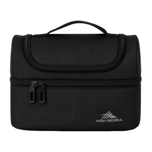 A black lunch bag with a zippered compartment and a handle on top, featuring a logo on the front.
