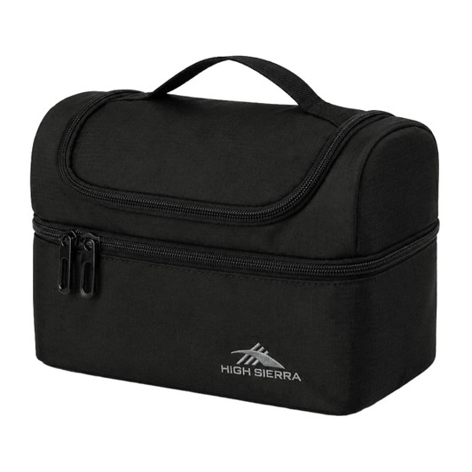 A black lunch bag with a zippered compartment and a carry handle, featuring a logo on the front.