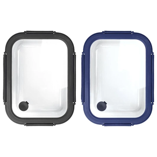 A set of two rectangular glass lunch boxes with black and navy blue silicone lids. They include locking clips.