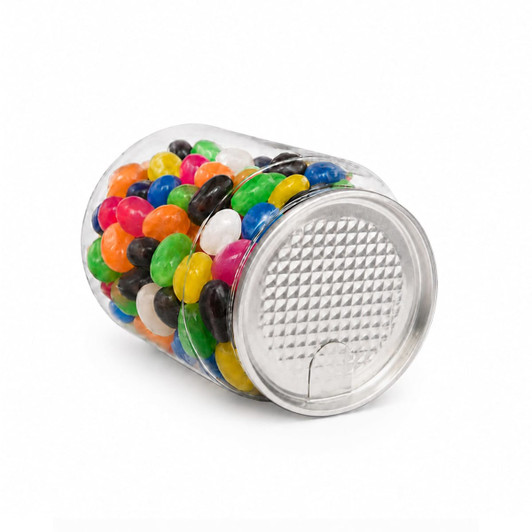 A clear can filled with assorted jelly beans in vibrant colours, including black, white, pink, green, and yellow.