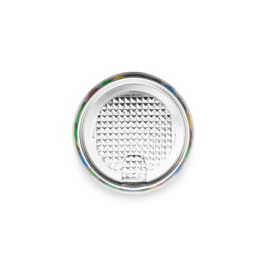 A clear can filled with colourful M&M's, featuring a diamond-patterned base and a pull tab.
