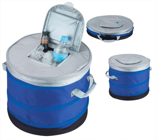 A round cooler bag in blue and black with a silver insulated interior, featuring a top opening and carrying handles.