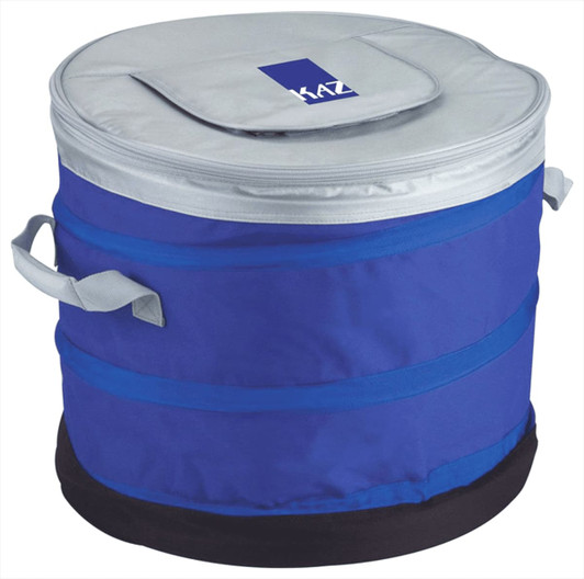 A blue and grey top opening cooler bag with carrying handles and a circular shape, featuring a logo.