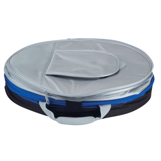 A circular cooler bag with a silver top, blue and black sides, featuring a handle and a zip closure.