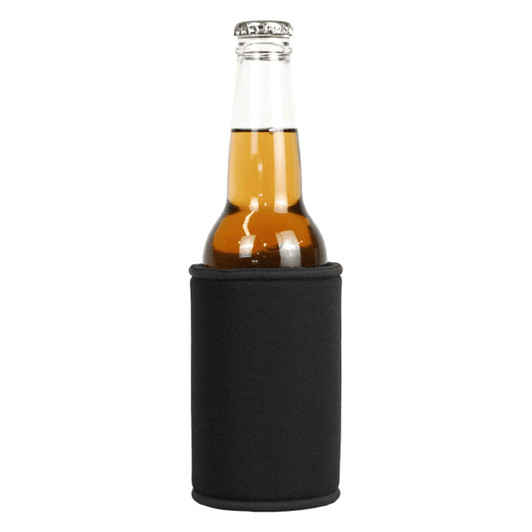 A drink bottle is encased in a black stubby holder, designed to keep beverages insulated.