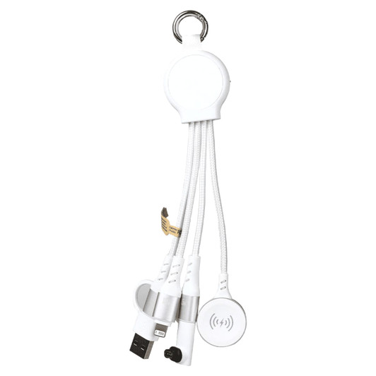 A 6-in-1 multi charging cable in white and silver, featuring multiple connectors and a keyring attachment.