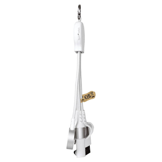 A white 6-in-1 multi charging cable with different connectors attached, featuring a keychain clip for portability.