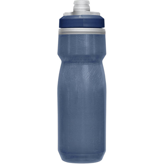 A drink bottle in a dark blue hue with a clear body, featuring a lid and a built-in straw.