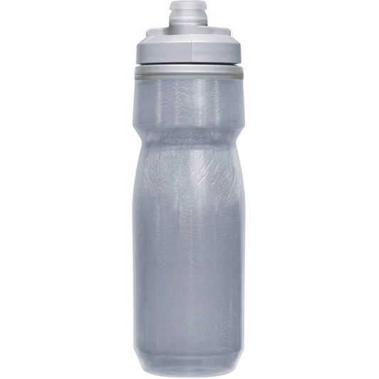 A drink bottle in a translucent grey design with a grey lid and a built-in spout. It features a logo.