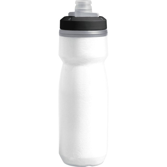 A drink bottle in white with a black cap, featuring a spout for easy sipping and a logo.
