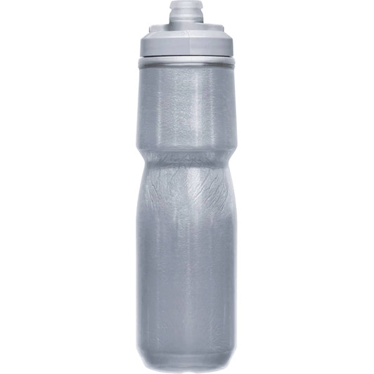 A drink bottle in clear grey with a white cap and a textured grip design. It features a logo on the side.