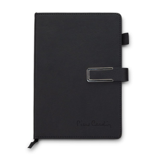 A black weekly diary with a clasp and a logo, featuring a simple and elegant design.