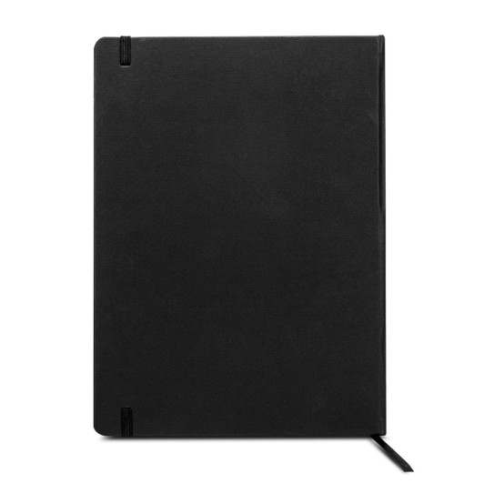 A black A4 diary with a smooth cover and ribbon bookmark, featuring elastic closure and a logo.