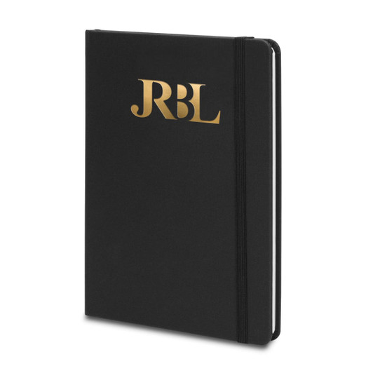 A5 weekly diary in black with gold branding on the front cover and an elastic closure.