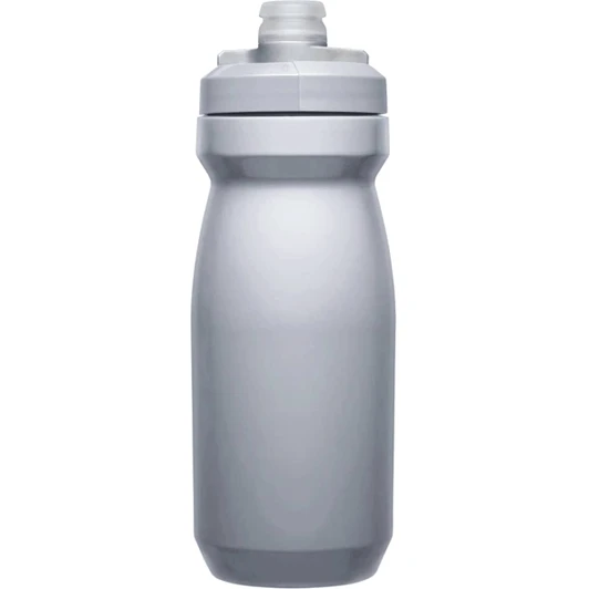 A drink bottle in a sleek, plain grey colour with a screw-on cap and a logo on the side.