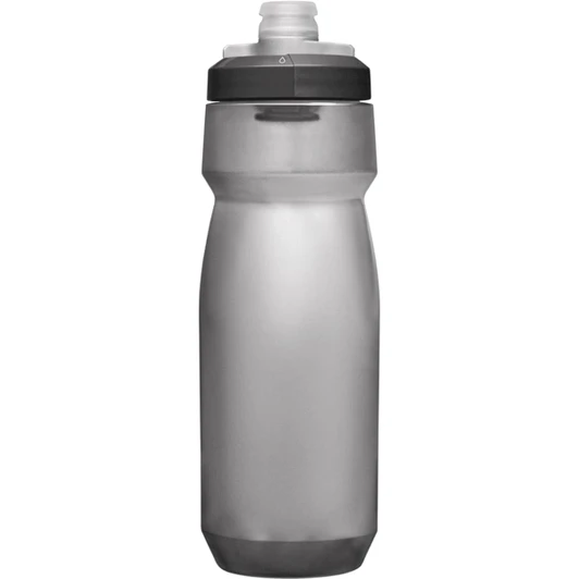 A drink bottle in a sleek silver design with a black lid, featuring a logo on the side.