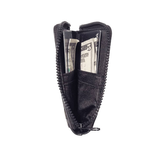 A black Thread Zipper Wallet with compartments for money and cards, featuring a zip closure and a sleek design.