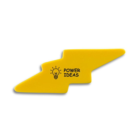 A yellow stress relief shape resembling a lightning bolt, featuring a light bulb design and a logo.