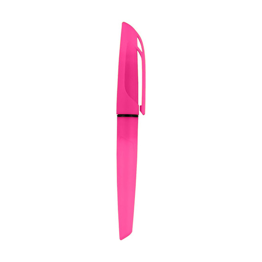 A pink highlighter shaped like a pen with a sleek design and a clip feature. It has a branding logo on the body.