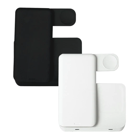 A black and white 3 in 1 wireless charger with a sleek design and a logo.