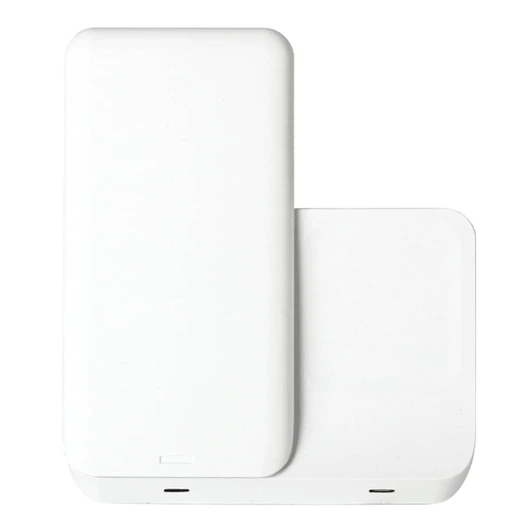 A white 3 in 1 wireless charger with a sleek, minimalist design and a logo on its surface.