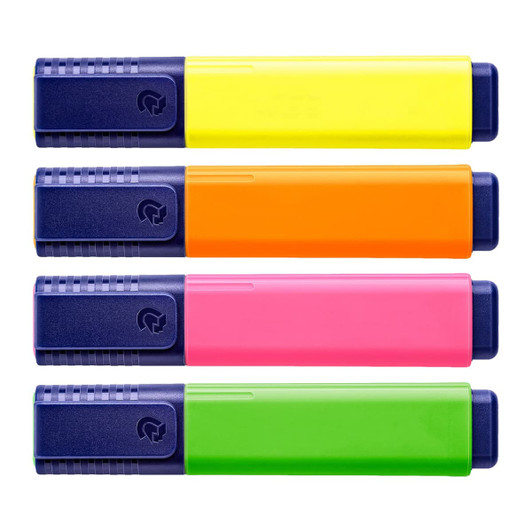 Four highlighters in yellow, orange, pink, and green, each with a blue cap and logo.