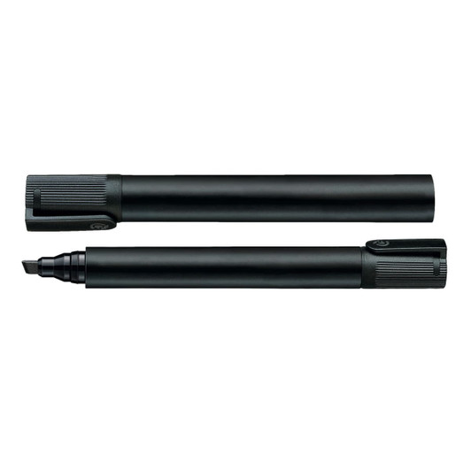 A black Staedtler Lumocolor permanent marker with a chisel tip, featuring a cap and a body design.