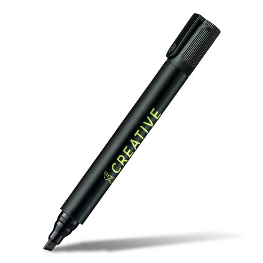A permanent marker with a chisel tip, featuring a black body and a green accent, including a logo.