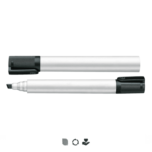 A Staedtler Lumocolor whiteboard marker with a chisel tip in silver and black, featuring a textured grip.