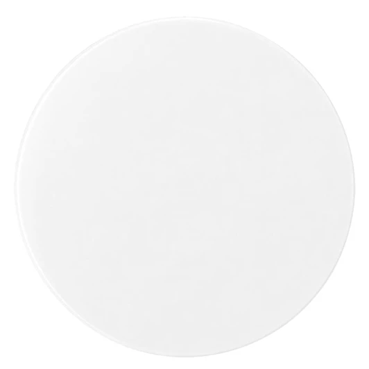 A round, white makeup mirror with a sleek design. It features a reflective surface and has a logo.