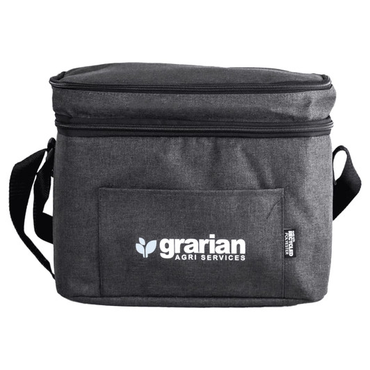 A grey insulated cooler bag with a zip closure and a shoulder strap, featuring a logo on the front.