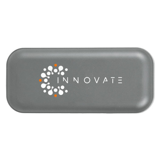 A grey rectangular case with a logo on the front, designed to hold multiple tools.