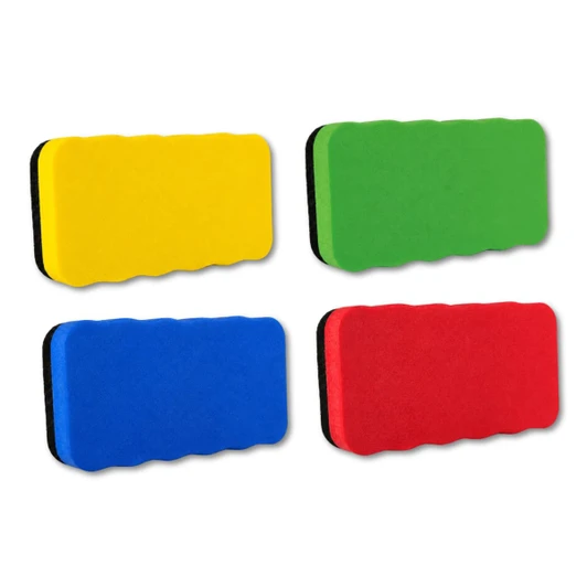 A set of four magnetic foam whiteboard erasers in yellow, green, blue, and red. Each eraser features a textured surface.
