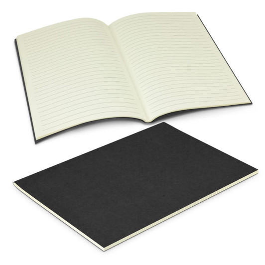 A medium black notebook with lined pages, featuring a soft cover and an open spread displaying blank lines.