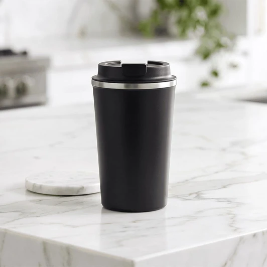 A drink bottle with a sleek black exterior and a stainless steel rim, featuring a lid and a logo.