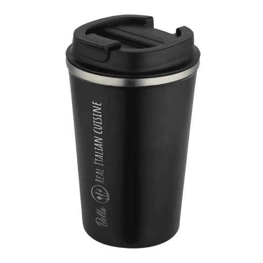 A drink bottle in matte black with a stainless steel lid and a logo on the side. It has a double wall vacuum design.