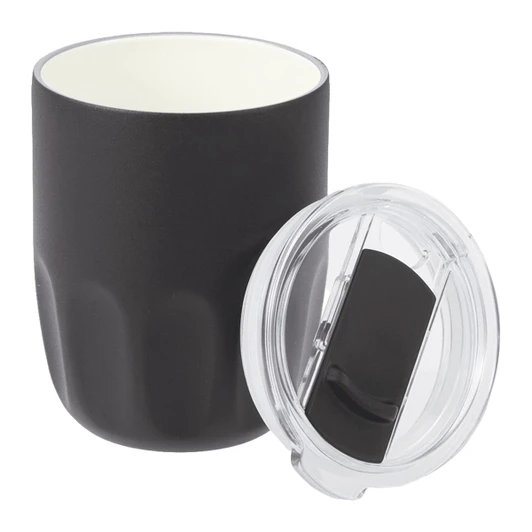 A drink bottle featuring a matte black exterior and a ceramic liner, accompanied by a clear lid.