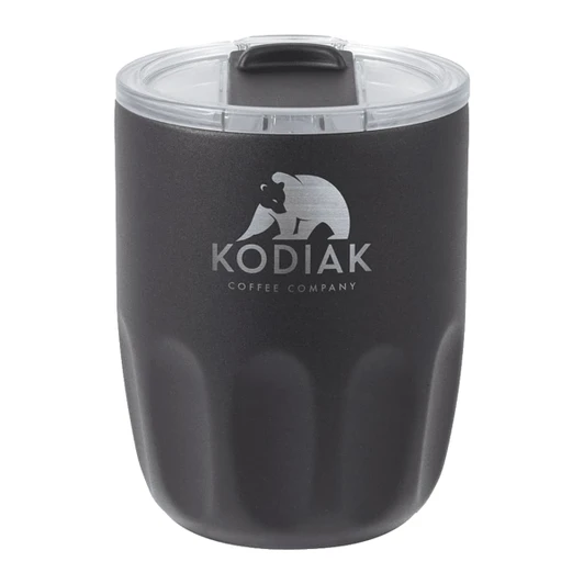 A drink bottle with a black exterior and clear lid, featuring a logo and a rounded design suitable for beverages.