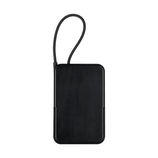 A black power bank with a strap, featuring a sleek rectangular design and a smooth surface.