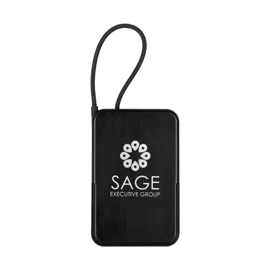 A black power bank with a textured surface and a braided strap, featuring a logo on the front.
