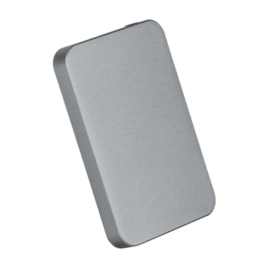 A sleek, silver power bank with a slim profile and a subtle logo on the surface.