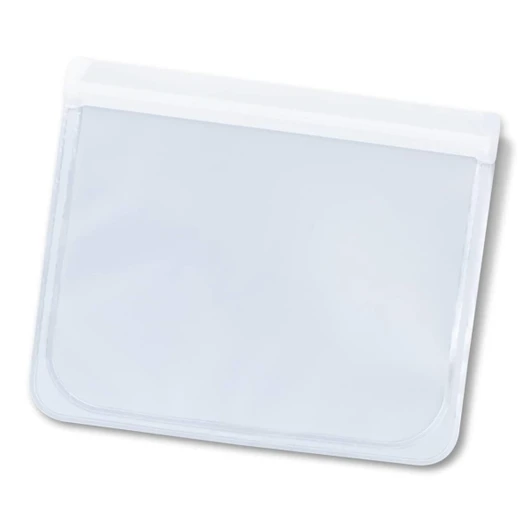 A clear reusable pouch with a white sealing mechanism, ideal for storage or organisation.