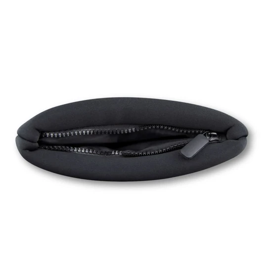 A black neoprene cosmetic bag with a zippered opening, featuring a smooth, rounded design and a subtle logo.