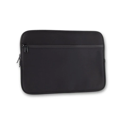A black neoprene laptop sleeve with a zippered pocket. The sleeve fits a 14-inch laptop and features a logo.