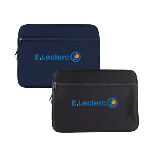 A neoprene laptop sleeve available in navy and black, featuring a logo on the front.