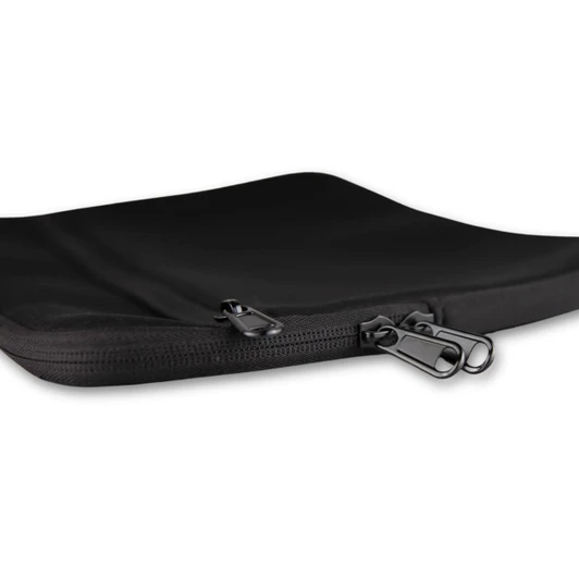 A black neoprene laptop sleeve featuring a dual zipper closure. It has a sleek and smooth texture.