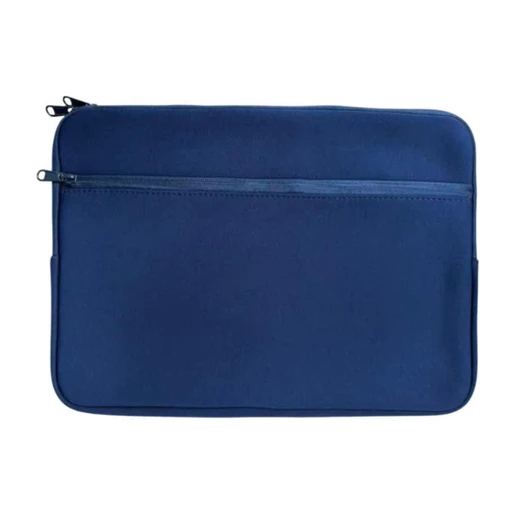 A navy neoprene laptop sleeve features a zippered pocket and a clean, smooth design. It includes a logo.