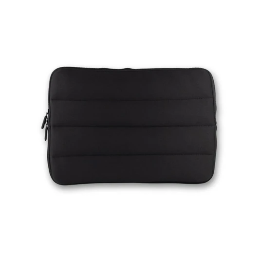 A black neoprene laptop sleeve featuring padded stitching and a zip closure. It includes a logo on the surface.