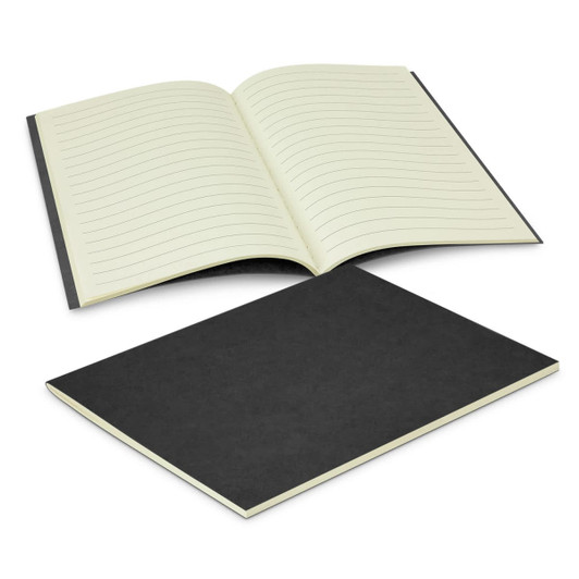 A small black notebook with lined pages, opened to display the interior, featuring a plain black cover.